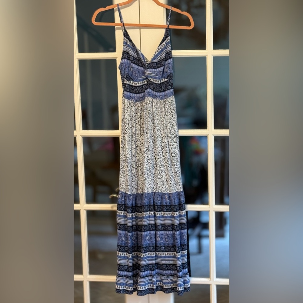 Blue and White Maxi Sundress with Spaghetti Straps